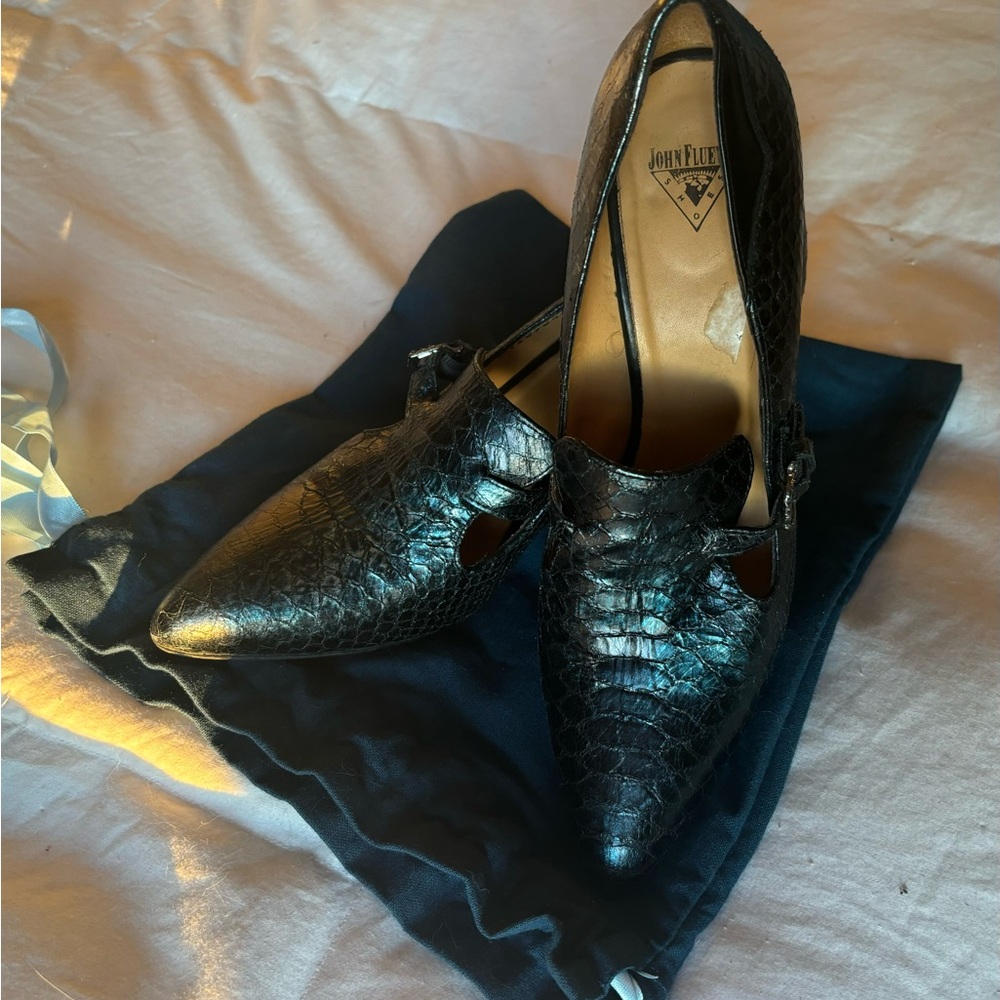 John Fluevog Black Croc-Embossed Pointed-Toe Heels